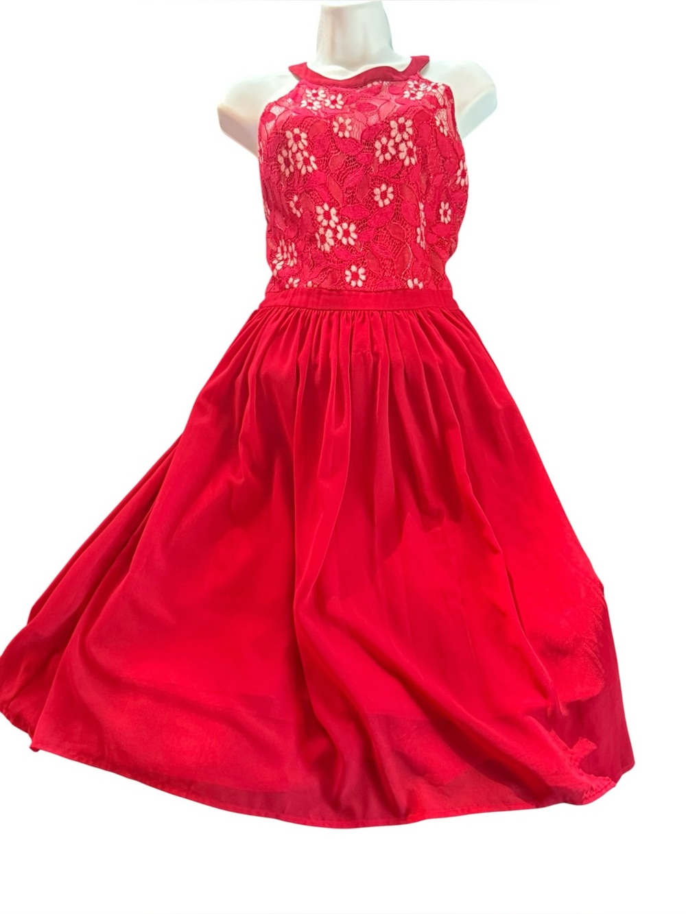 Vintage floral feminine Red Lace Halter Midi Dress